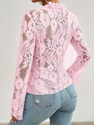 Stylish Casual Solid Lace Long Sleeve Top - Image 21