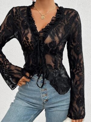 Stylish Casual Solid Lace Long Sleeve Top - Image 9