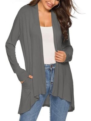 Stylish Casual Solid Open Front Long Sleeve Cardigan - Image 12