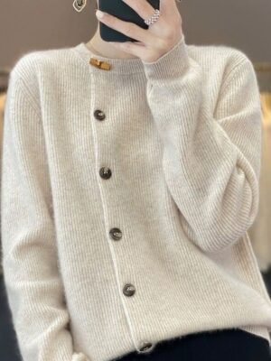 Stylish Casual Solid Ribbed Crew Neck Long Sleeve Regular Cardigan - Image 1