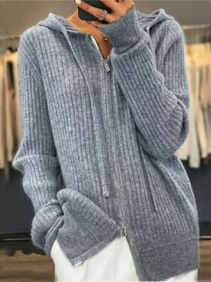 Stylish Casual Solid Ribbed Hooded Long Sleeve Regular Cardigan - Image 1