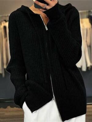 Stylish Casual Solid Ribbed Hooded Long Sleeve Regular Cardigan - Image 4