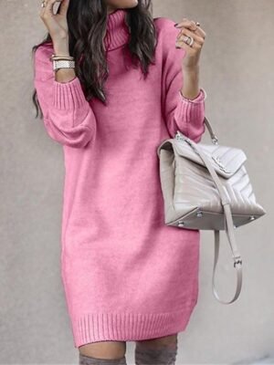 Stylish Casual Solid Turtleneck Long Sleeve Long Sweater Dress - Image 3