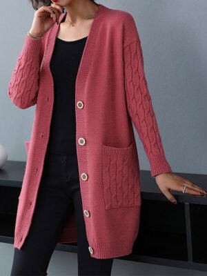 Stylish Casual Solid V Neck Long Sleeve Knit Cardigan - Image 1