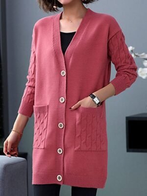 Stylish Casual Solid V Neck Long Sleeve Knit Cardigan - Image 2