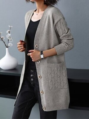 Stylish Casual Solid V Neck Long Sleeve Knit Cardigan - Image 3