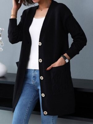 Stylish Casual Solid V Neck Long Sleeve Knit Cardigan - Image 5