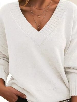 Stylish Casual Solid V Neck Long Sleeve Knit Top - Image 5