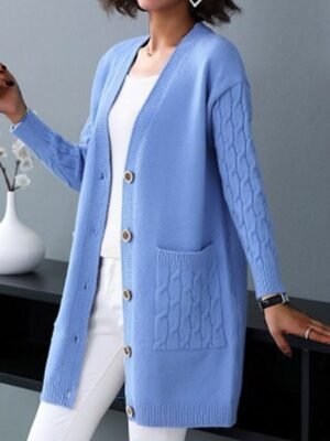 Stylish Casual Solid V Neck Long Sleeve Knit Cardigan - Image 7