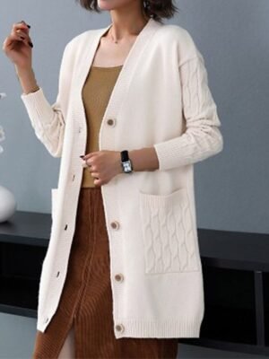 Stylish Casual Solid V Neck Long Sleeve Knit Cardigan - Image 8