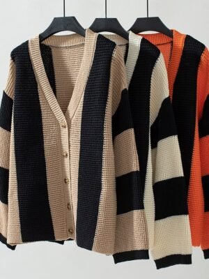 Stylish Casual Striped Open Front Long Sleeve Regular Cardigan - Image 12