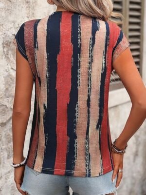 Stylish Casual Striped V Neck Short Sleeve Regular Tank Top - Image 2