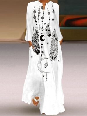 Stylish Casual Swing Feather Butterfly Print V Neck Long Sleeve Maxi Dress - Image 1