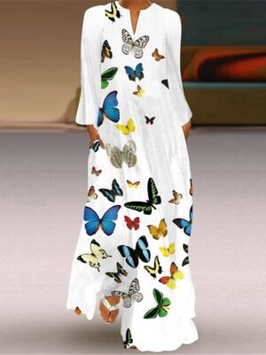 Stylish Casual Swing Feather Butterfly Print V Neck Long Sleeve Maxi Dress - Image 4