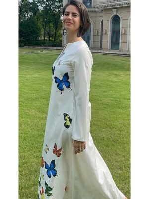 Stylish Casual Swing Feather Butterfly Print V Neck Long Sleeve Maxi Dress - Image 5
