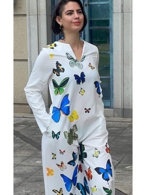 Stylish Casual Swing Feather Butterfly Print V Neck Long Sleeve Maxi Dress - Image 6