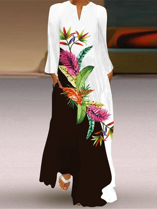 Stylish Casual Swing Feather Butterfly Print V Neck Long Sleeve Maxi Dress - Image 7