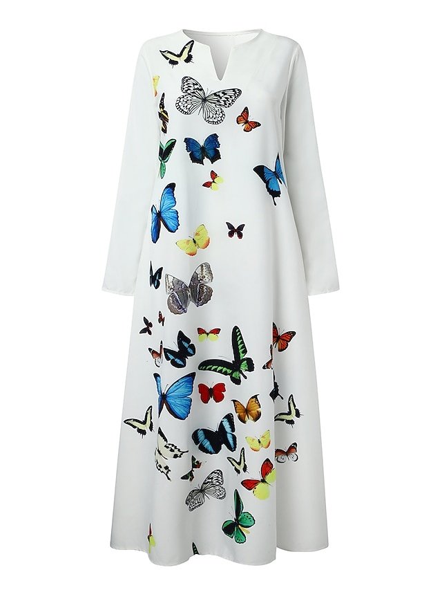 Stylish Casual Swing Feather Butterfly Print V Neck Long Sleeve Maxi Dress - Image 8
