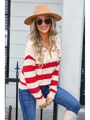 Stylish Chunky Striped Shirt Collar Long Sleeve Long Knit Top - Image 10