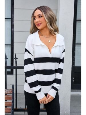 Stylish Chunky Striped Shirt Collar Long Sleeve Long Knit Top - Image 11