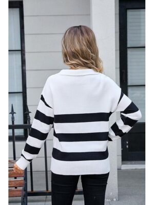 Stylish Chunky Striped Shirt Collar Long Sleeve Long Knit Top - Image 12