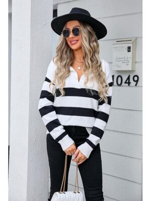 Stylish Chunky Striped Shirt Collar Long Sleeve Long Knit Top - Image 13