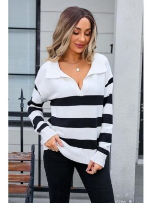 Stylish Chunky Striped Shirt Collar Long Sleeve Long Knit Top - Image 14