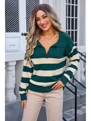 Stylish Chunky Striped Shirt Collar Long Sleeve Long Knit Top - Image 4