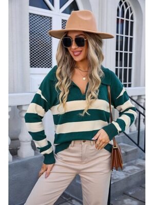Stylish Chunky Striped Shirt Collar Long Sleeve Long Knit Top - Image 6