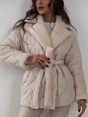 Stylish Fitted Plain Lapel Short Sleeve Cotton-Padded Jacket - Image 3