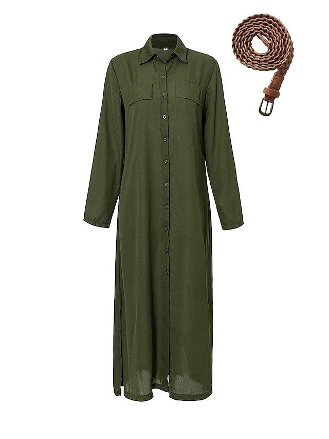 Stylish Formal Maxi Solid Shirt Collar Long Sleeve Dress - Image 1