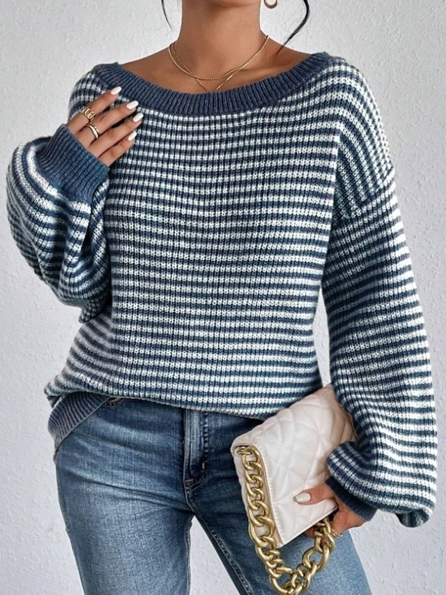 Stylish Graphic Chunky Boat Neck Off Shoulder Stripe Long Sleeve Long Sweater - Image 1