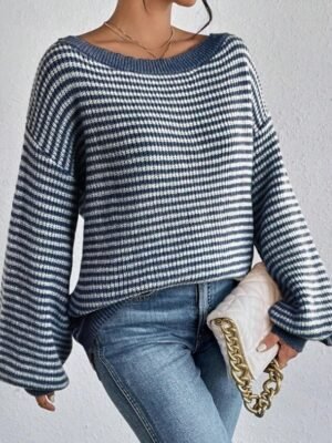 Stylish Graphic Chunky Boat Neck Off Shoulder Stripe Long Sleeve Long Sweater - Image 2