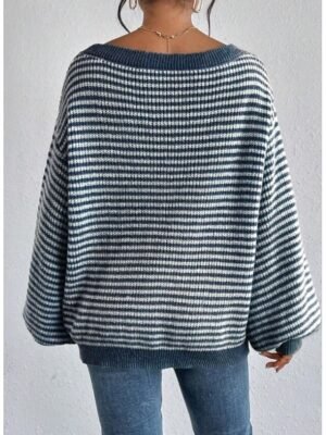 Stylish Graphic Chunky Boat Neck Off Shoulder Stripe Long Sleeve Long Sweater - Image 3