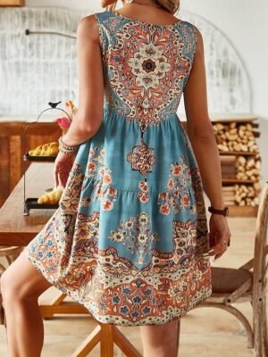 Stylish Loose Fit Ditsy Floral Crew Neck Short Sleeve Mini Dress - Image 31