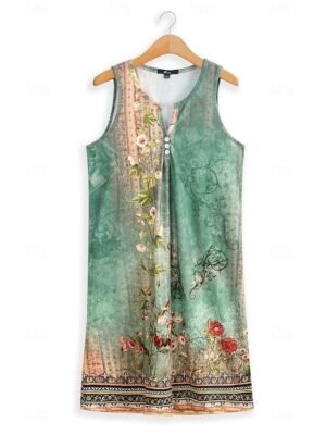 Stylish Loose Fit Ditsy Floral Crew Neck Short Sleeve Mini Dress - Image 37