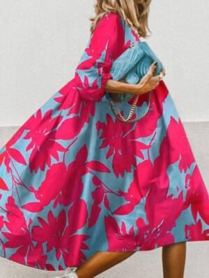 Stylish Loose Fit Floral Crew Neck Half Sleeve Midi Dress - Image 1