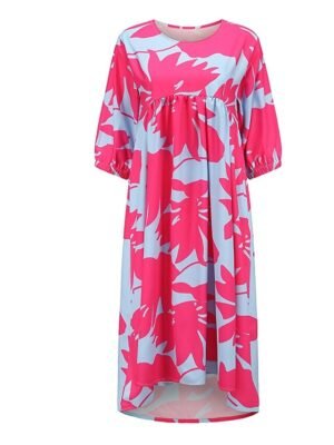 Stylish Loose Fit Floral Crew Neck Half Sleeve Midi Dress - Image 2