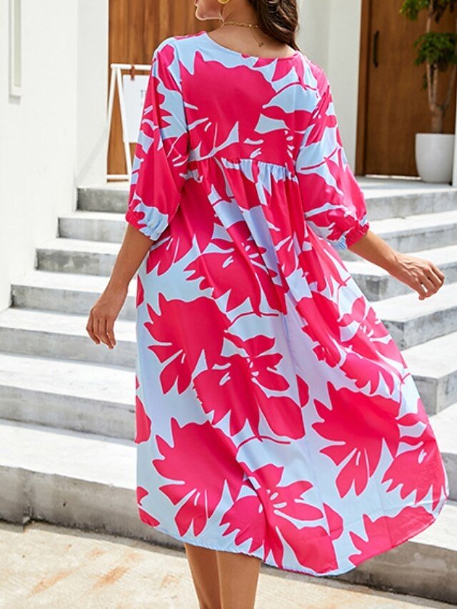 Stylish Loose Fit Floral Crew Neck Half Sleeve Midi Dress - Image 3
