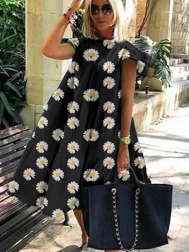 Stylish Loose Fit Floral Crew Neck Short Sleeve Midi Dress - Image 1
