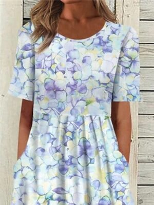 Stylish Loose Fit Floral Crew Neck Short Sleeve Midi Dress - Image 3
