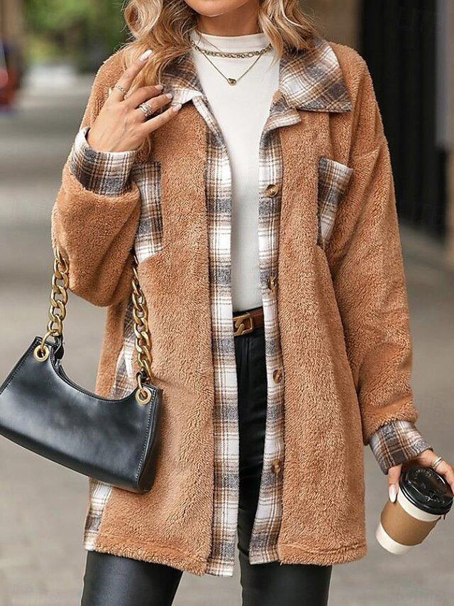 Stylish Loose Fit Striped Plaid Long Sleeve Long Coat - Image 1