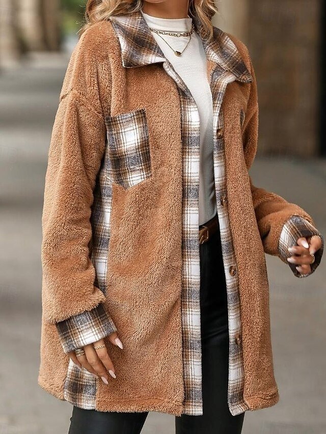 Stylish Loose Fit Striped Plaid Long Sleeve Long Coat - Image 2