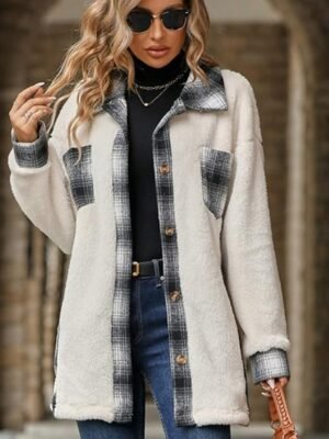 Stylish Loose Fit Striped Plaid Long Sleeve Long Coat - Image 3
