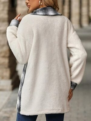 Stylish Loose Fit Striped Plaid Long Sleeve Long Coat - Image 4