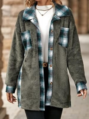 Stylish Loose Fit Striped Plaid Long Sleeve Long Coat - Image 7