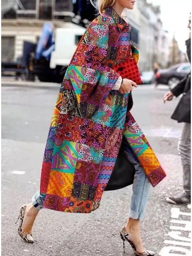 Stylish Loose Floral Print Long Sleeve Long Coat - Image 1