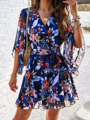 Stylish Loose Floral V Neck Half Sleeve Mini Dress - Image 1