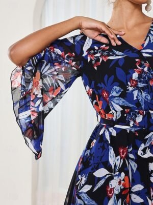 Stylish Loose Floral V Neck Half Sleeve Mini Dress - Image 3