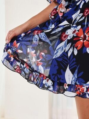 Stylish Loose Floral V Neck Half Sleeve Mini Dress - Image 4